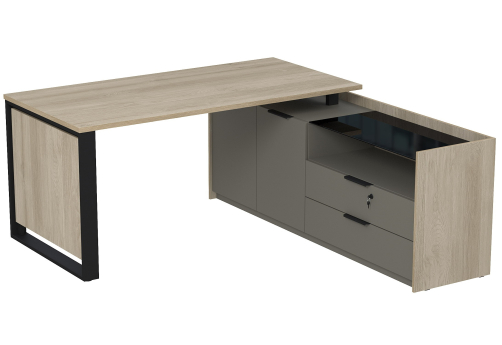 Стол на опорной двусоставной тумбе с ящиками (метабокс) и кодовым замком Венди, цвет светлый дуб + терра