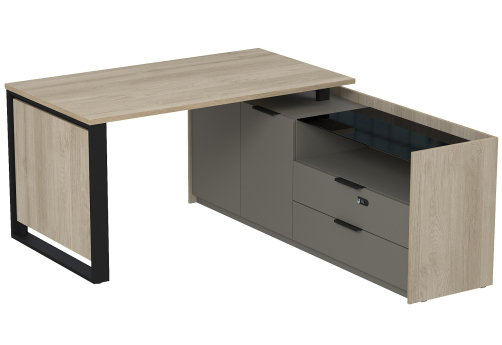 Стол на опорной двусоставной тумбе с ящиками и кодовым замком Венди, цвет светлый дуб + терра