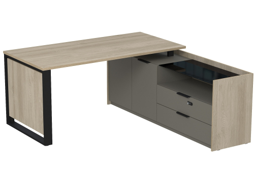 Стол на опорной двусоставной тумбе с ящиками и кодовым замком Венди, цвет светлый дуб + терра