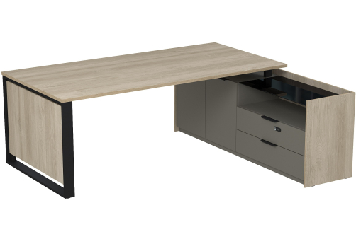 Стол на опорной двусоставной тумбе с ящиками и кодовым замком Венди, цвет светлый дуб + терра