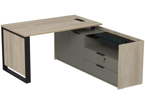 Стол с лючком на опорной двусоставной тумбе с ящиками (метабокс) и замком Венди, цвет светлый дуб + терра