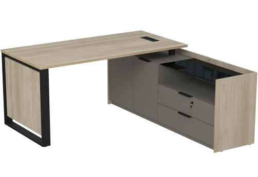 Стол с лючком на опорной двусоставной тумбе с ящиками (метабокс) и замком Венди, цвет светлый дуб + терра