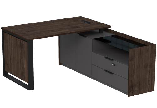 Стол с лючком на опорной двусоставной тумбе с ящиками (метабокс) и кодовым замком Венди, цвет брауни + графит