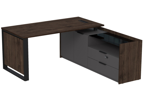 Стол с лючком на опорной двусоставной тумбе с ящиками (метабокс) и кодовым замком Венди, цвет брауни + графит