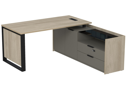 Стол с лючком на опорной двусоставной тумбе с ящиками (метабокс) и кодовым замком Венди, цвет светлый дуб + терра