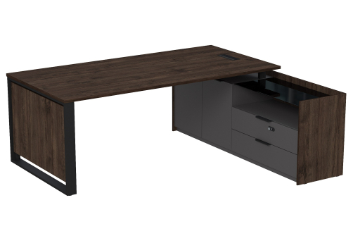 Стол с лючком на опорной двусоставной тумбе с ящиками (метабокс) и кодовым замком Венди, цвет брауни + графит