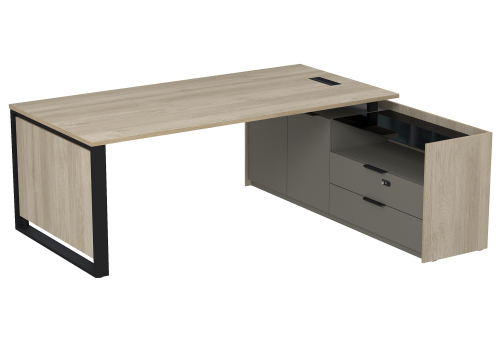 Стол с лючком на опорной двусоставной тумбе с ящиками (метабокс) и кодовым замком Венди, цвет светлый дуб + терра