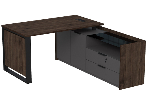 Стол с лючком на опорной двусоставной тумбе с ящиками и замком Венди, цвет брауни + графит