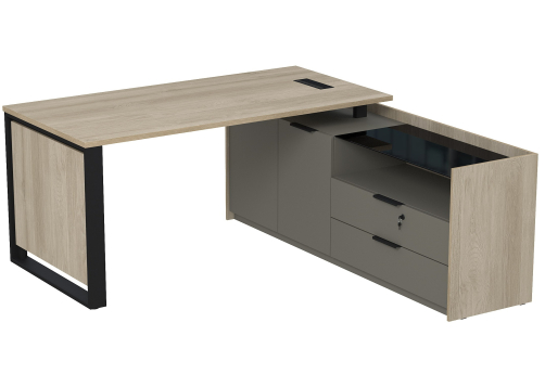 Стол с лючком на опорной двусоставной тумбе с ящиками и замком Венди, цвет светлый дуб + терра