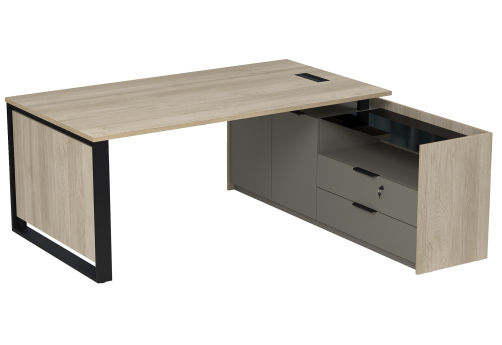 Стол с лючком на опорной двусоставной тумбе с ящиками и замком Венди, цвет светлый дуб + терра