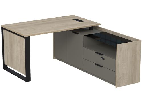 Стол с лючком на опорной двусоставной тумбе с ящиками и кодовым замком Венди, цвет светлый дуб + терра