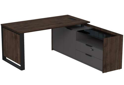 Стол с лючком на опорной двусоставной тумбе с ящиками и кодовым замком Венди, цвет брауни + графит