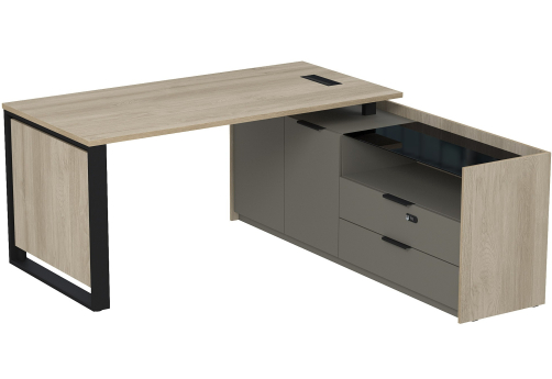 Стол с лючком на опорной двусоставной тумбе с ящиками и кодовым замком Венди, цвет светлый дуб + терра