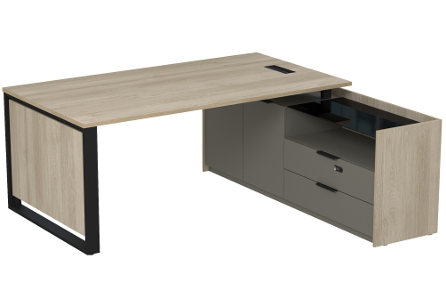 Стол с лючком на опорной двусоставной тумбе с ящиками и кодовым замком Венди, цвет светлый дуб + терра