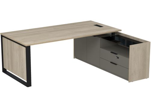 Стол с лючком на опорной двусоставной тумбе с ящиками и кодовым замком Венди, цвет светлый дуб + терра