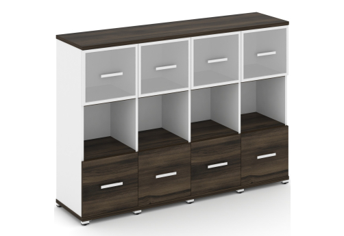 Шкаф четыре узкие секции 3 ниши (4 фасада ЛДСП, 1 ниша + 4 фасада стекло белое матовое в раме, 1 ниша) Динен, цвет дуб мали-белый