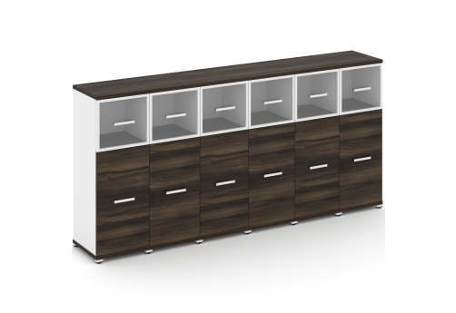 Шкаф шесть узких секций 3 ниши (6 фасадов ЛДСП, 2 ниши + 6 фасадов стекло прозрачное в раме, 1 ниша) Динен, цвет дуб мали-белый