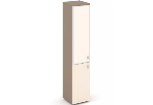 Шкаф высокий узкий левый (3 полки под стеклом лакобель), цвет латте + сатин