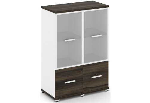 Шкаф две узкие секции 3 ниши (2 фасада ЛДСП, 1 ниша + 2 фасада стекло белое матовое в раме, 2 ниши) Динен, цвет дуб мали-белый