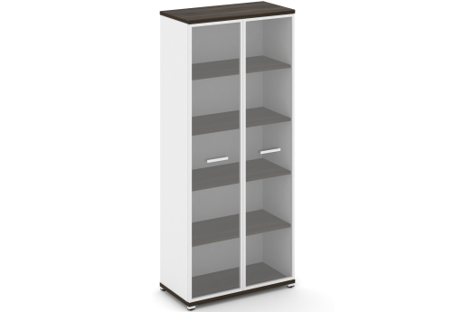 Шкаф одна широкая секция 5 ниш (2 фасада стекло прозрачное в раме, 5 ниш) Динен, цвет дуб мали-белый