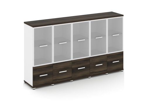 Шкаф пять узких секций 3 ниши (5 фасадов ЛДСП, 1 ниша + 5 фасадов стекло белое матовое, 2 ниши) Динен, цвет дуб мали-белый