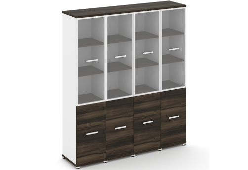 Шкаф четыре узкие секции 5 ниш (4 фасада ЛДСП, 2 ниши + 4 фасада стекло прозрачное в раме, 3 ниши) Динен, цвет дуб мали-белый