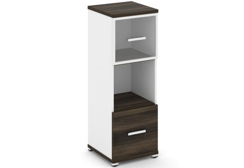 Шкаф одна узкая секция 3 ниши (фасад ЛДСП, 1 ниша + фасад стекло прозрачное в раме, 1 ниша) Динен, цвет дуб мали-белый