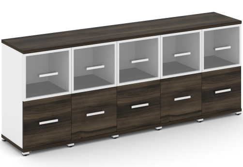 Шкаф пять узких секций 2 ниши (5 фасадов ЛДСП, 1 ниша + 5 фасадов стекло прозрачное в раме, 1 ниша) Динен, цвет дуб мали-белый