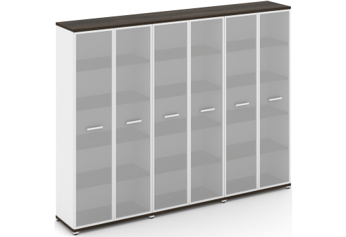 Шкаф три широкие секции 5 ниш (6 фасадов стекло белое матовое в раме, 5 ниш) Динен, цвет дуб мали-белый