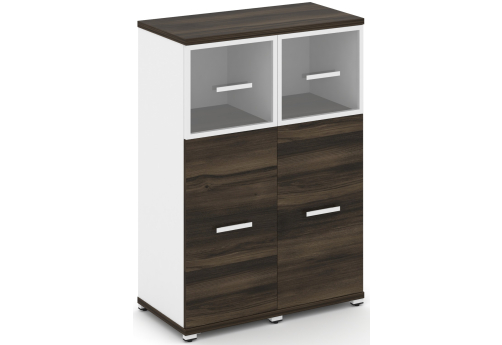 Шкаф две узкие секции 3 ниши (2 фасада ЛДСП, 2 ниши + 2 фасада стекло прозрачное в раме, 1 ниша) Динен, цвет дуб мали-белый