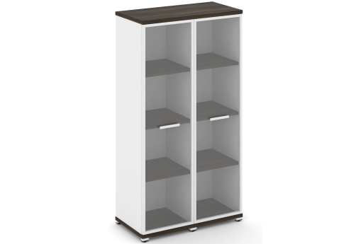 Шкаф две узкие секции 4 ниши (2 фасада стекло прозрачное в раме, 4 ниши) Динен, цвет дуб мали-белый