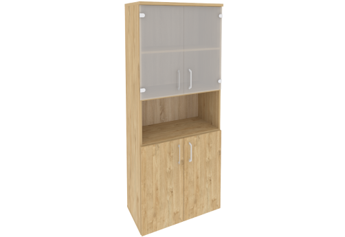 Шкаф высокий широкий с нишей (2 полки под стеклом), цвет тиквуд светлый