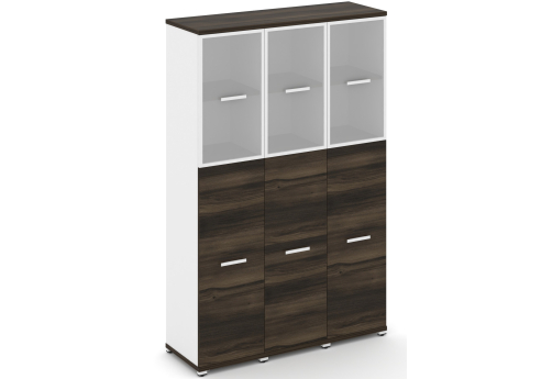 Шкаф три узкие секции 5 ниш (3 фасада ЛДСП 3 ниши + 3 фасада стекло белое матовое в раме, 2 ниши) Динен, цвет дуб мали-белый