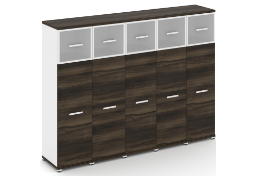 Шкаф пять узких секций 4 ниши (5 фасадов ЛДСП, 3 ниши + 5 фасадов стекло белое матовое в раме, 1 ниша) Динен, цвет дуб мали-белый