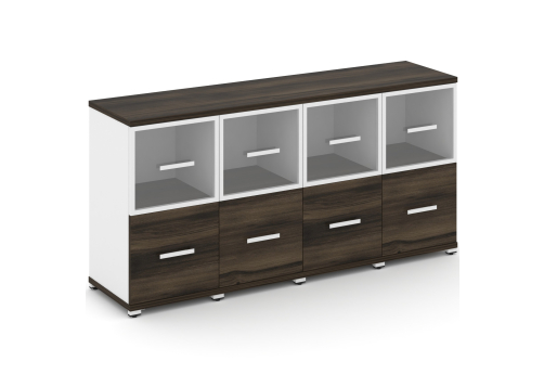 Шкаф четыре узкие секции 2 ниши (4 фасада ЛДСП, 1 ниша + 4 фасада стекло прозрачное в раме, 1 ниша) Динен, цвет дуб мали-белый