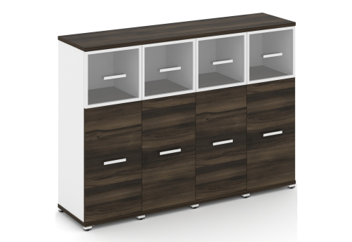 Шкаф четыре узкие секции 3 ниши (4 фасада ЛДСП, 2 ниши + 4 фасада стекло прозрачное в раме, 1 ниша) Динен, цвет дуб мали-белый