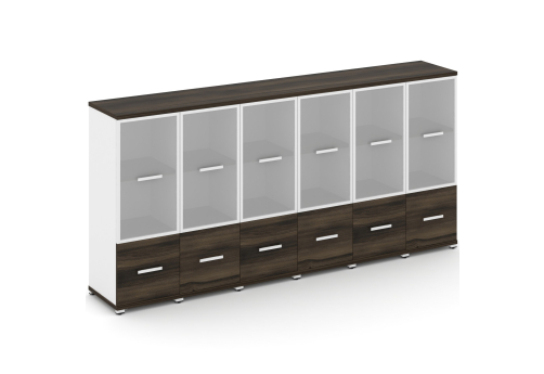 Шкаф шесть узких секций 3 ниши (6 фасадов ЛДСП, 1 ниша + 6 фасадов стекло белое матовое, 2 ниши) Динен, цвет дуб мали-белый