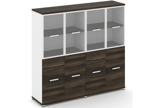 Шкаф две широкие секции 4 ниши (4 фасада ЛДСП, 2 ниши + 4 фасада стекло прозрачное в раме, 2 ниши) Динен, цвет дуб мали-белый