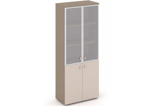 Шкаф высокий широкий (3 полки под стеклом в раме), цвет латте + капучино