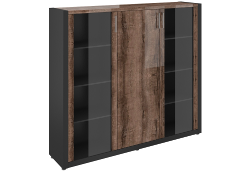 Шкаф высокий со стеклом и гардеробом (2 стекл. двери), цвет дуб + черный