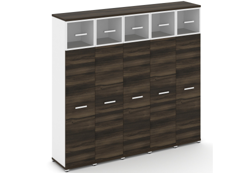 Шкаф пять узких секций 5 ниш (5 фасадов ЛДСП, 4 ниши + 5 фасадов стекло прозрачное в раме, 1 ниша) Динен, цвет дуб мали-белый