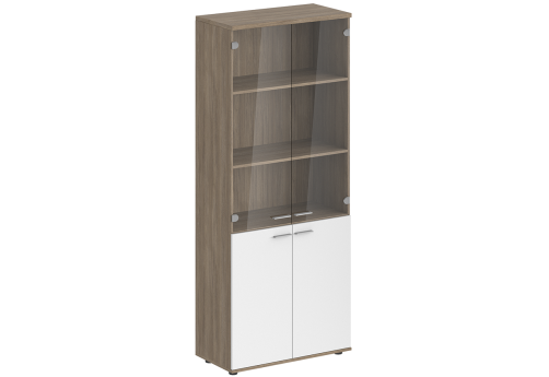 Шкаф высокий 4 двери со стеклом с задней стенкой ЛДСП Индиго Вуд, цвет дуб темный + белый