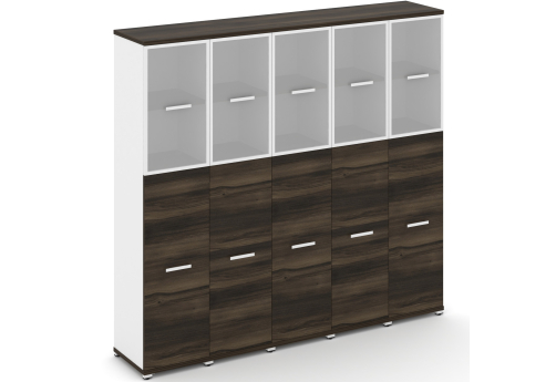 Шкаф пять узких секций 5 ниш (5 фасадов ЛДСП, 3 ниши + 5 фасадов стекло белое матовое в раме, 2 ниши) Динен, цвет дуб мали-белый