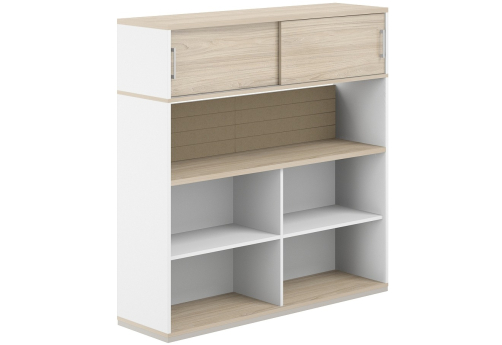 Стеллаж-комбо 1-сторонний с антресолью с экраном тканевым низким Фламинго, цвет белый + акация + бежевый