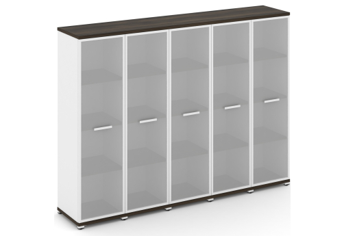 Шкаф пять узких секций 4 ниши (5 фасадов стекло белое матовое в раме, 4 ниши) Динен, цвет дуб мали-белый