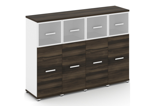 Шкаф четыре узкие секции 3 ниши (4 фасада ЛДСП, 2 ниши + 4 фасада стекло белое матовое в раме, 1 ниша) Динен, цвет дуб мали-белый