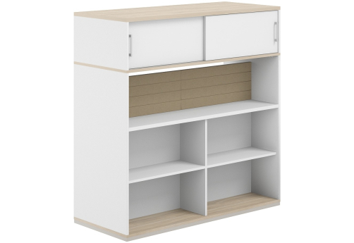 Стеллаж-комбо 2-сторонний с антресолью с экраном тканевым низким Фламинго, цвет белый + акация + бежевый