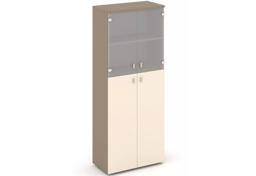 Шкаф высокий широкий (2 полки под стеклом), цвет латте + сатин