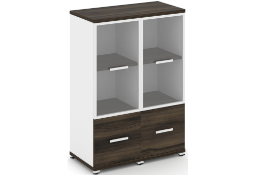 Шкаф две узкие секции 3 ниши (2 фасада ЛДСП, 1 ниша + 2 фасада стекло прозрачное в раме, 2 ниши) Динен, цвет дуб мали-белый