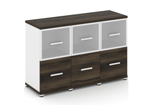 Шкаф три узкие секции 2 ниши (3 фасада ЛДСП, 1 ниша + 3 фасада стекло белое матовое в раме, 1 ниша) Динен, цвет дуб мали-белый